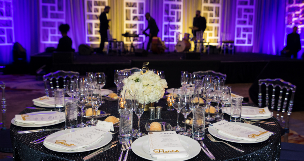 event room with jazz band and table decor