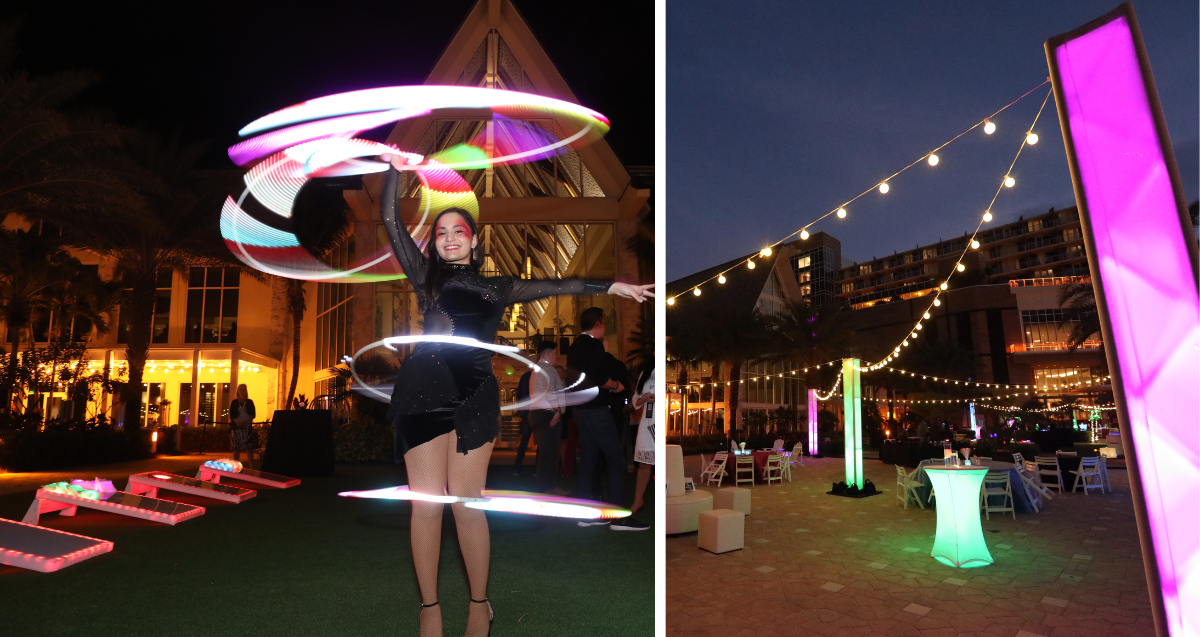 A woman performing with lighted hula hoops