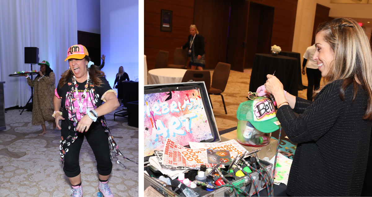 A woman doing air-brushed hats and another woman modeling the hat